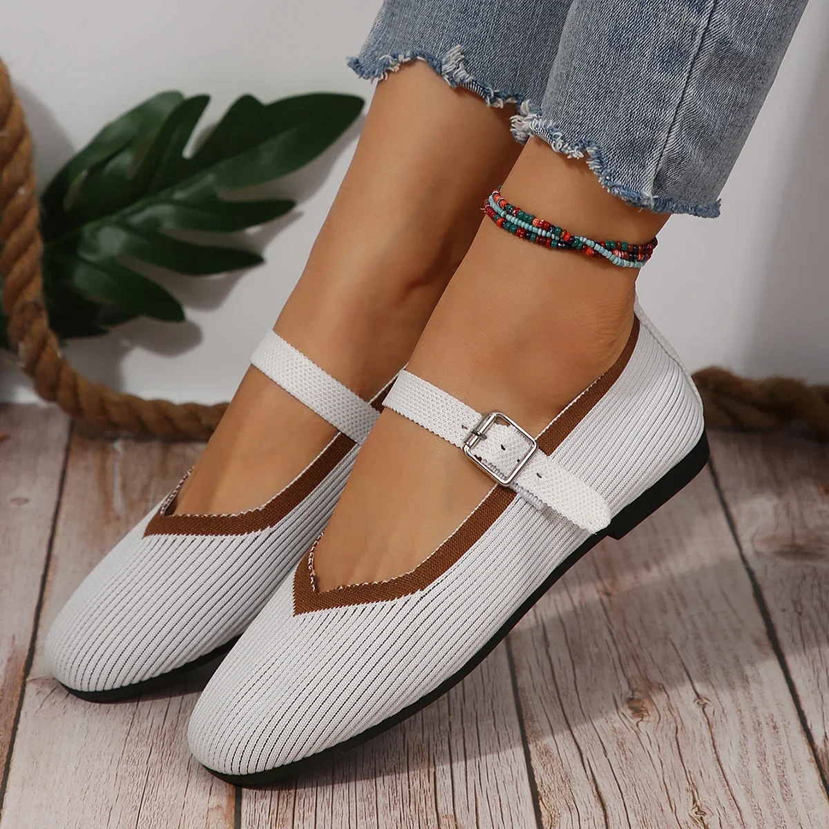 2024 Women\'s Shoes Loafers Ballet Flats Square Toe Barefoot Buckle Strap Casual Low Heel Luxury Brand Woman Shoe New Brown Blue