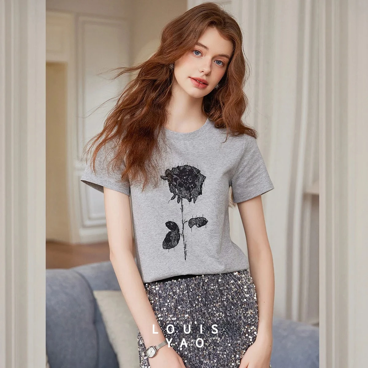 

LOUISYAO Beaded Embroidery Knit Women's T-shirt 2025 Summer Micro Stretch Round Neck Formal Shoulder Short Sleeve Tees