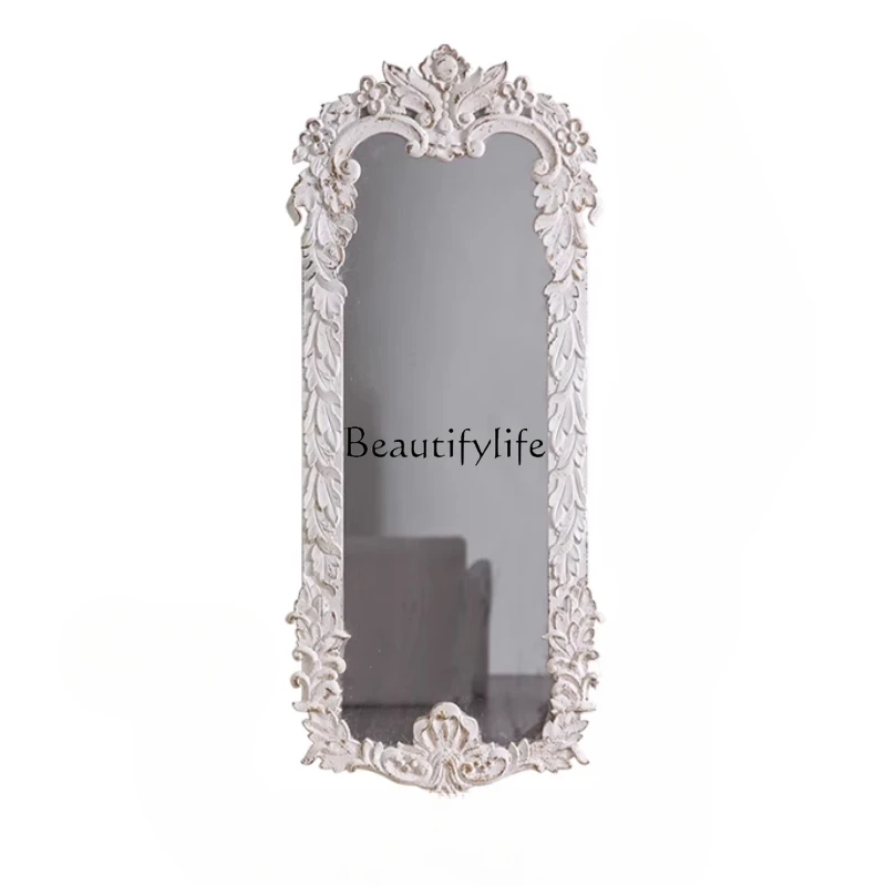 

French engraved retro white full-length mirror bedroom living room wall hanging porch decorative mirror