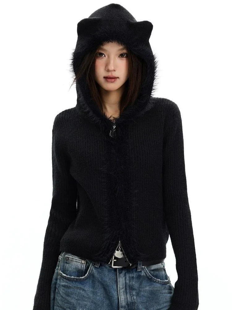 เสื้อคลุมคาร์ดิแกนมีฮู้ดทรงสลิมฟิตสไตล์วินเทจกรันจ์ ปี 2025 แต่งขนเฟอร์เทียมแบบต่อผ้า สไตล์ Y2K สำหรับฤดูใบไม้ร่วง มีซิป ​ เสื้อสเวตเตอร์ฮาราจูกุ