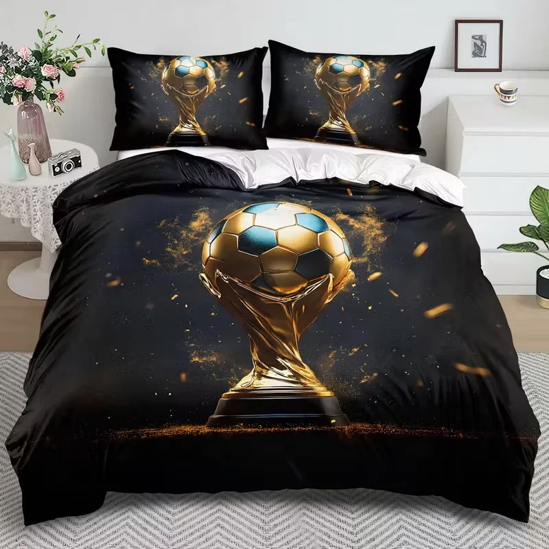 

3pcs Soccer Trophy Duvet Cover Set Cartoon Football Theme All-Season Includes 1 Duvet Cover + 2 Pillowcases (No Insert)