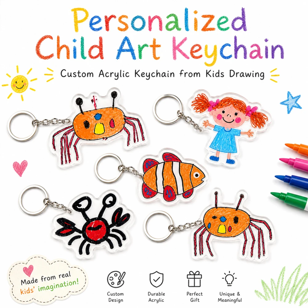 Custom Kid's Drawing Acrylic Keychain Personalized 2D Flat Childs' Painting Keyring Birthday Jewerly Gift For Kids Keychain