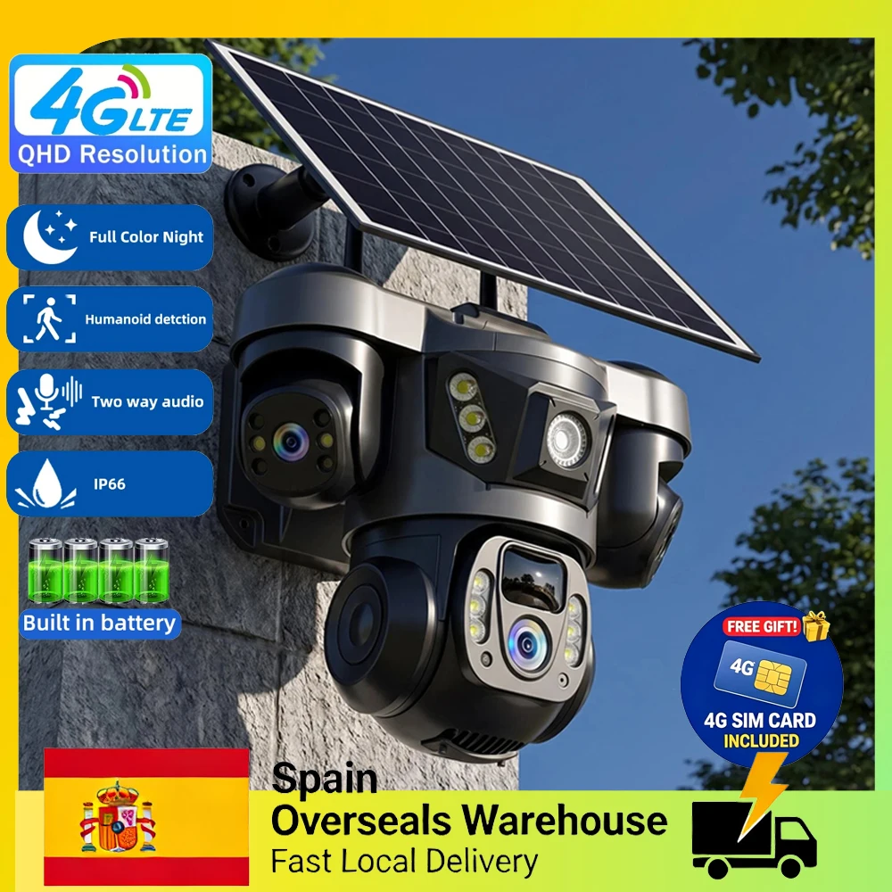 Caméra solaire 4G SIM 3 objectifs 3 écrans Extérieur Détection humaine PIR Batterie faible consommation Caméra IP Vision nocturne PIR V380 Pro Zoom 10X Étanche Protection de sécurité CCTV Entrepôt local UE