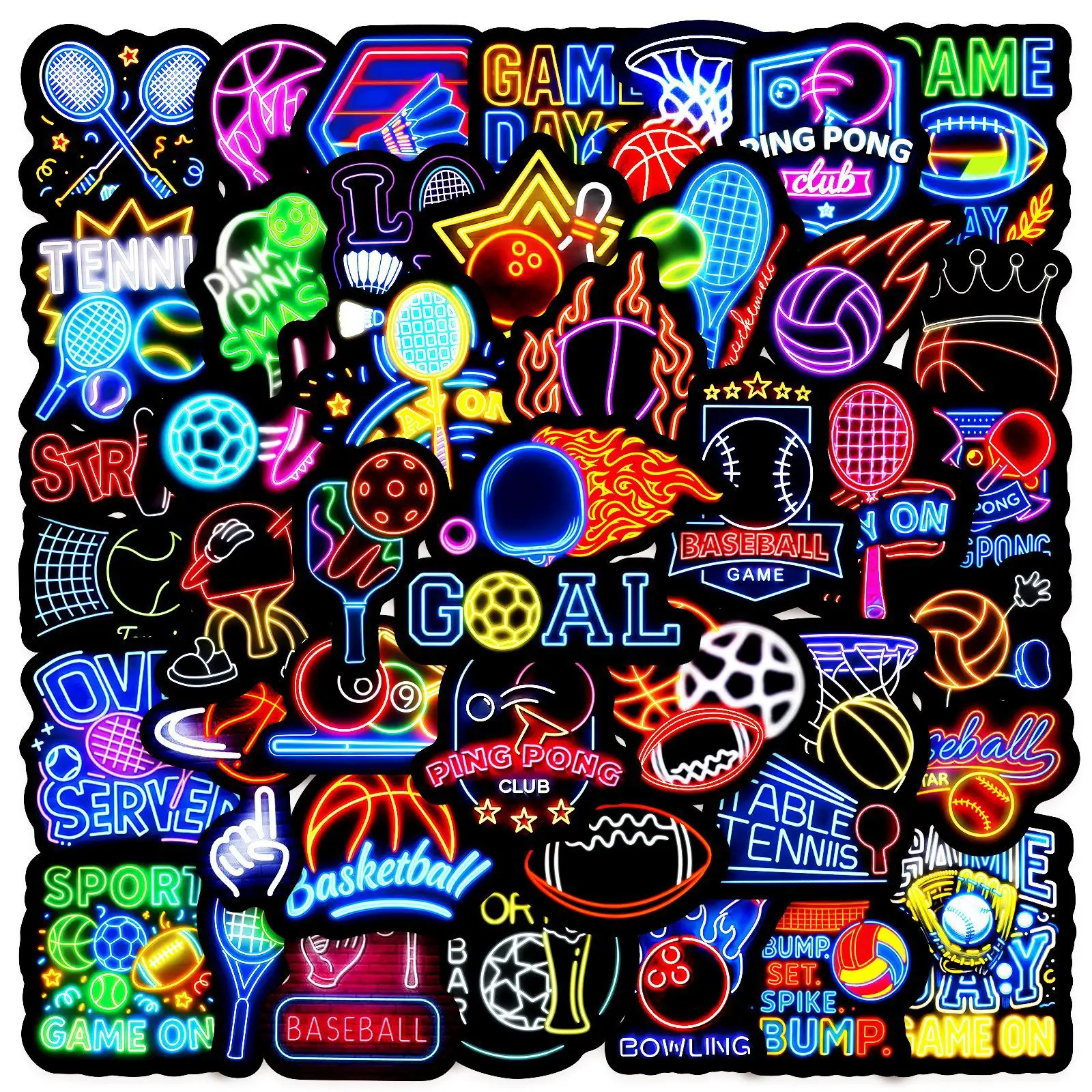 50 Stück Lustige Cartoon Neon-Stil Ballspiele Sport-Aufkleber Fußball Basketball Tennis Dekal Laptop Handy Wasserdichte Aufkleber