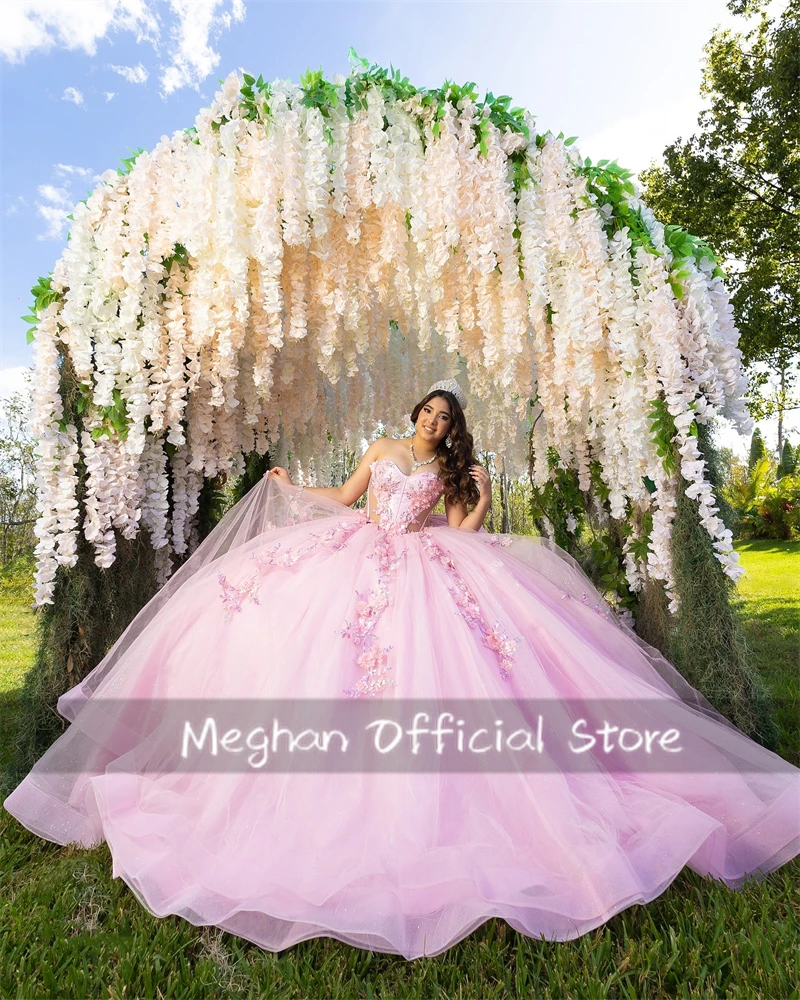 Pink Sweetheart Quinceanera Dresses Ball Gown Bead 3D Flower Birthday Dress Women 2024 Bow Princess Gown Sweet 16 Customized