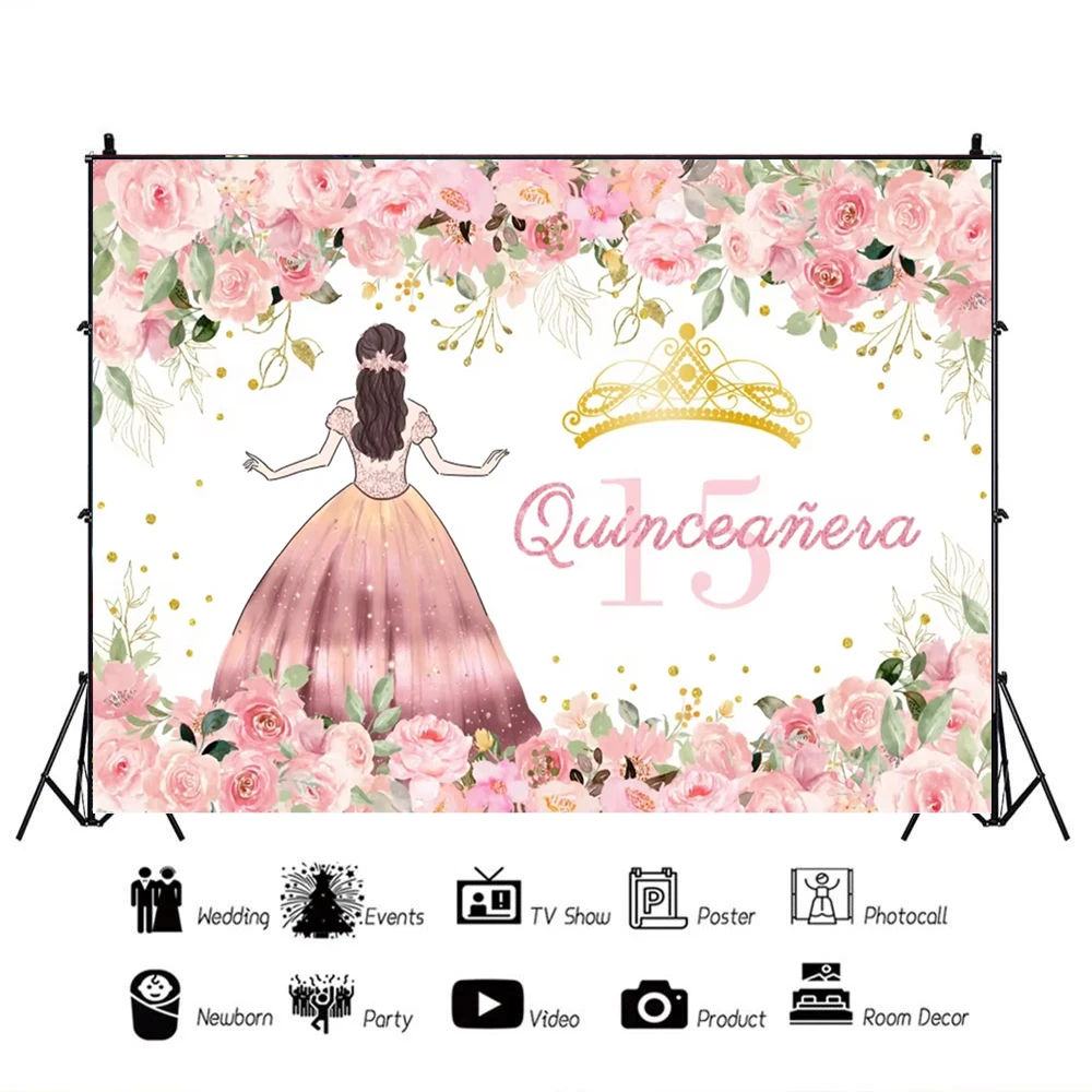 Quinceanera Sweet 15th Princess Theme Girl Glitter Crown Flower Dress Kid 15th Birthday Party Decor Can be customized Background