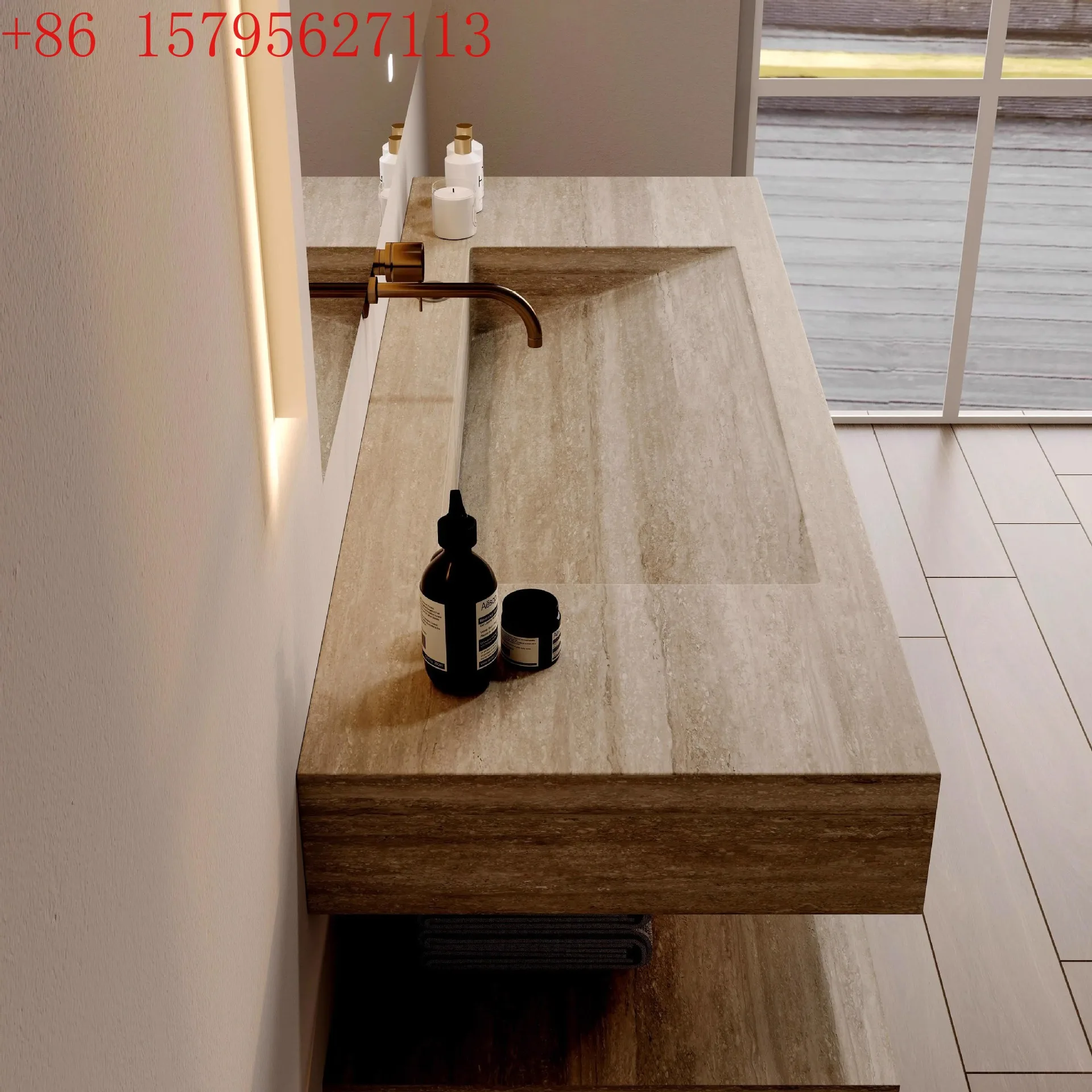 

Customized rock slab integrated seamless basin bathroom cabinet combination travertine washbasin washstand