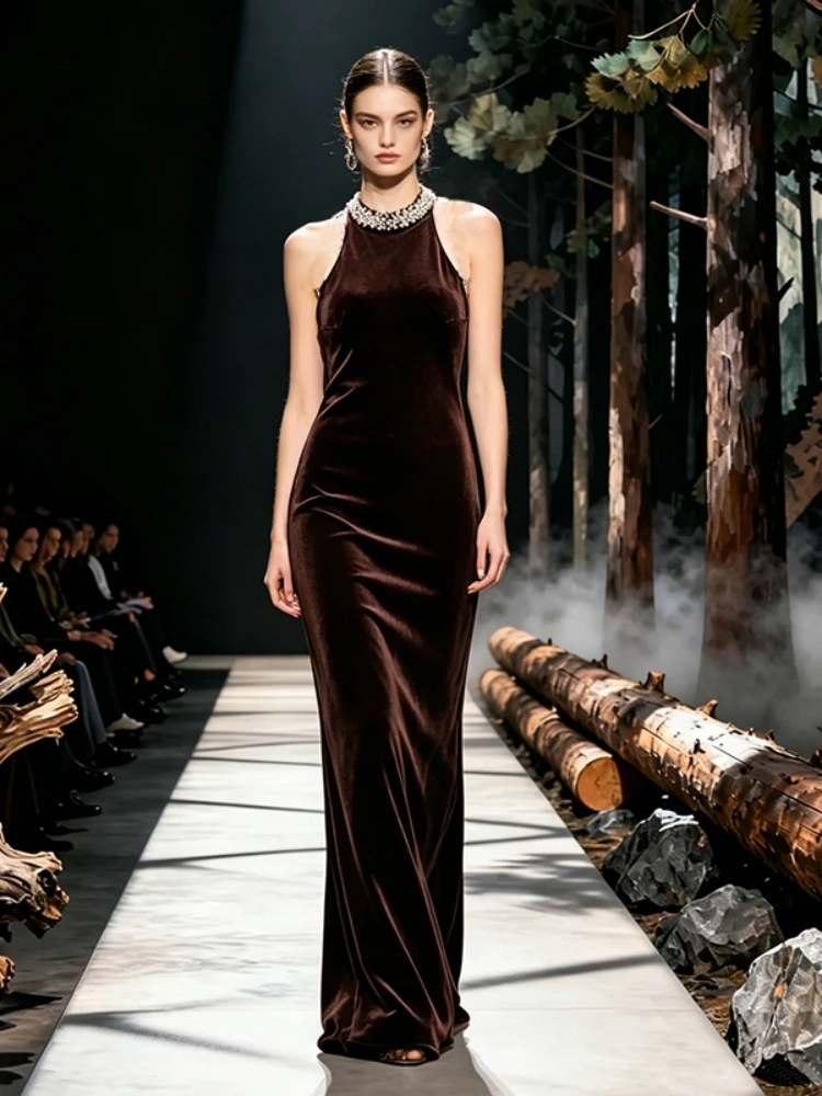 

Сексуальное длинное платье с вырезом халтер, открытой спиной, бисером и жемчугом, без рукавов, с цепочками и стразами, облегающее, для вечерних мероприятий и торжественных вечеринок