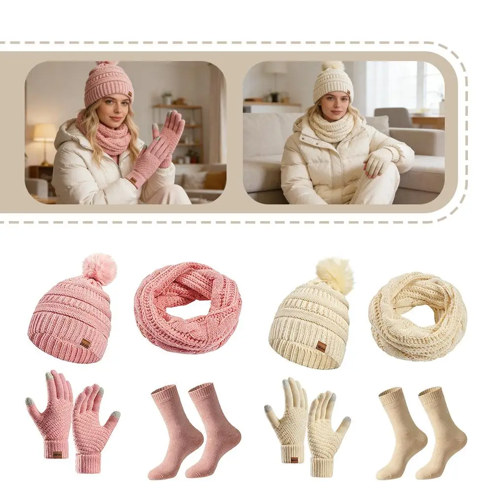 フリース裏地付き冬用アクセサリーセット：ポンポン付きビーニー、インフィニティスカーフ、タッチスクリーン対応手袋＆ソックス-レディース冬用あったかセット