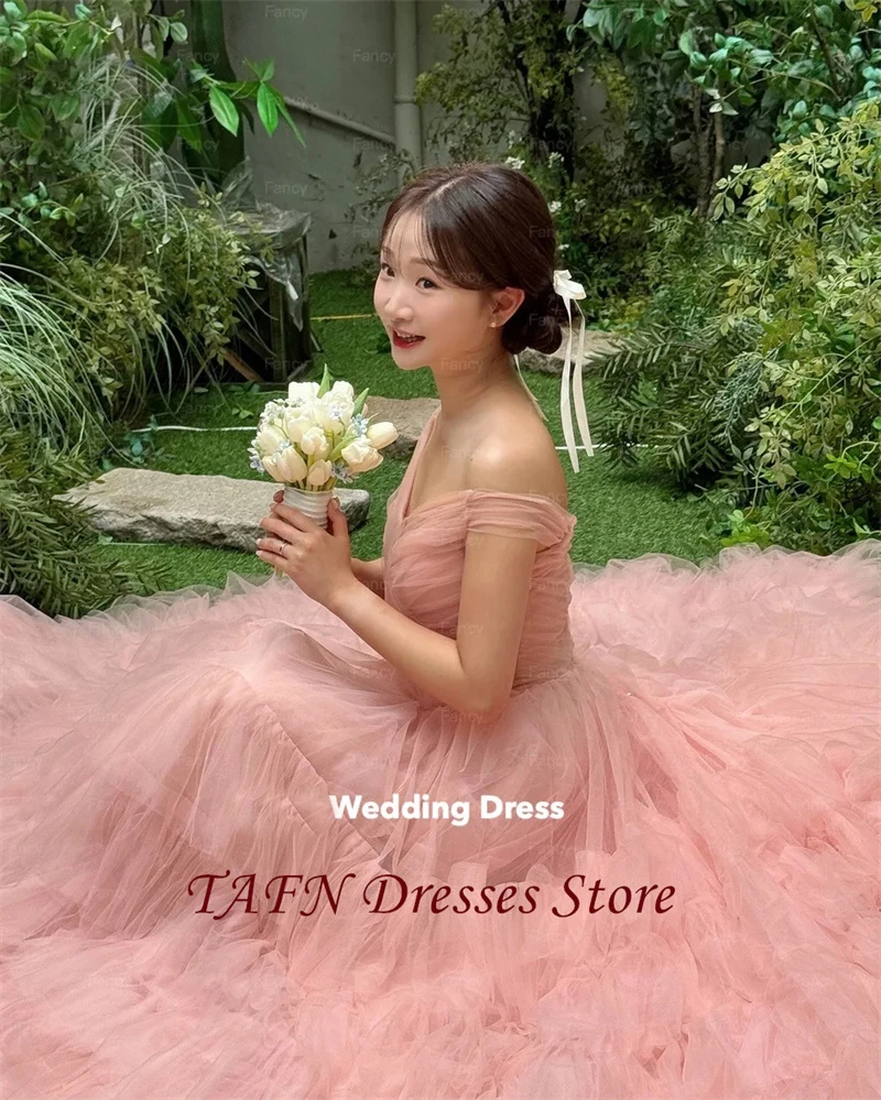 Vestido de novia TAFN con volantes escalonados de color rosa dulce, sesión de fotos de Corea, vestido de novia de tul suave de línea A, corsé trasero personalizado