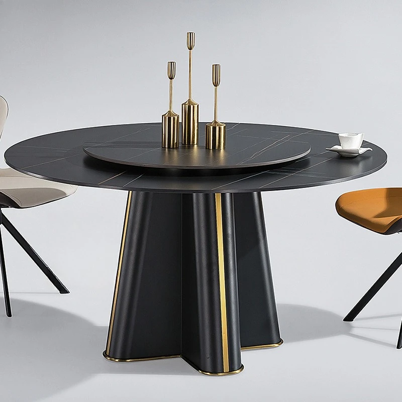 

Light luxury dining table and chair combination round table carbon steel modern simple rock slab home restaurant dining table