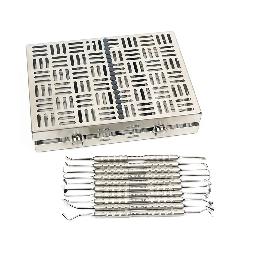 10 Pcs Dental Sinus Lift Elevators Double Ended Surgical Implant Instruments Kit with Stainless Steel Cassette Storage Box