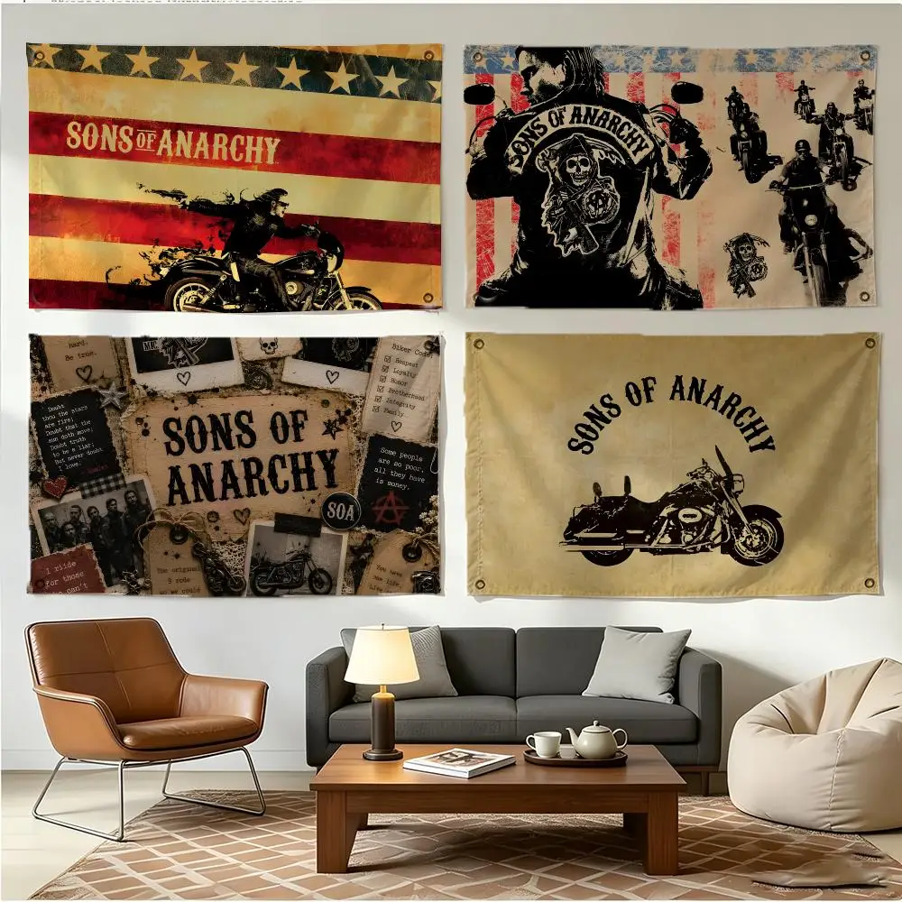 Tv Biker Sons Of Anarchy Flags Four Ring Borderless Art Decor Indoor Outdoor Use Simple Hang And Install
