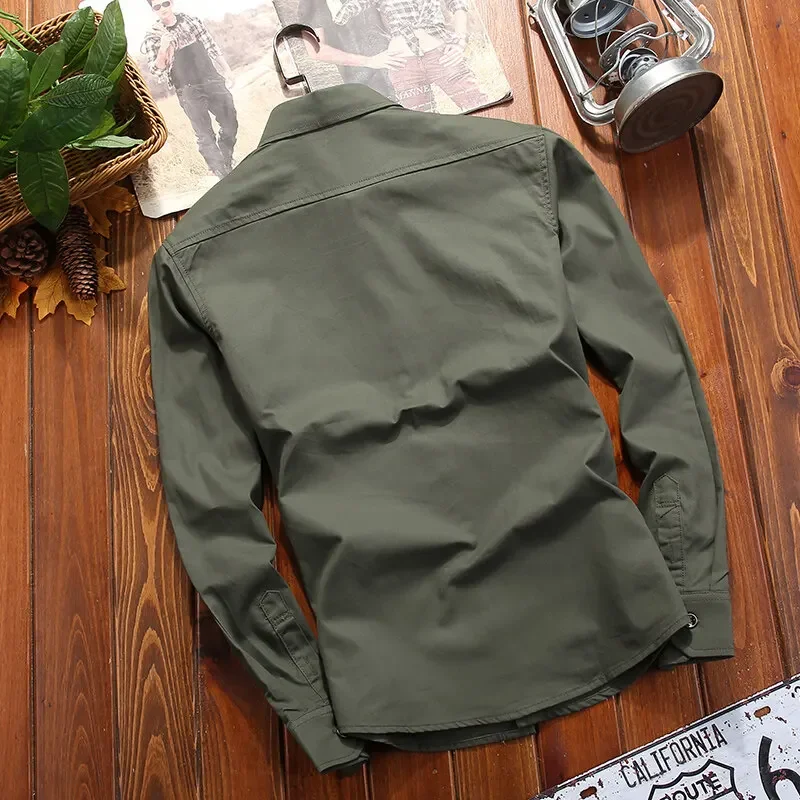 Dress Cargo Shirt Men 2024 Brand New Regular Fit Long Sleeve Button Down Shirt Solid Color Turn-neck Plus Size Work Cargo Shirt