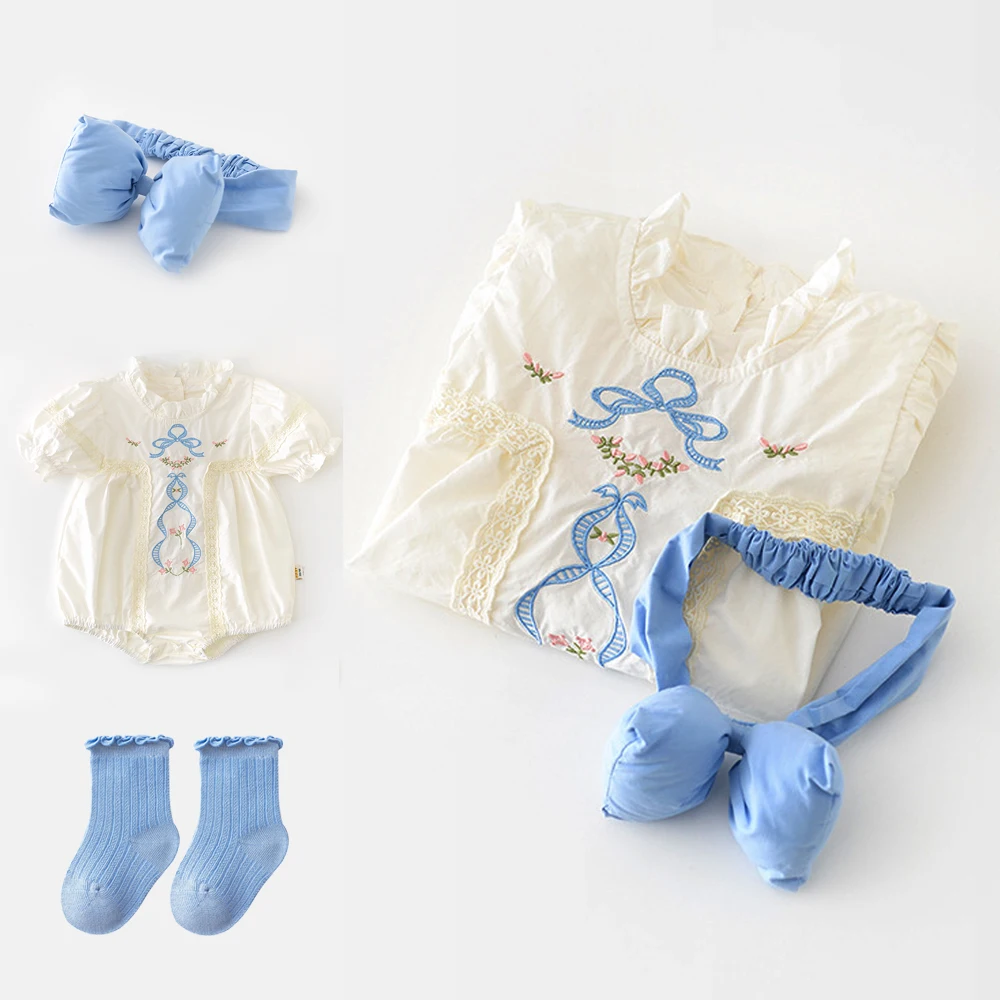 

Summer Girls Lace Romper Clothes Set Cotton Short-sleeved Embroiderer Jumpsuit + Blue Hair Band Socks Infants Newborn Clothes