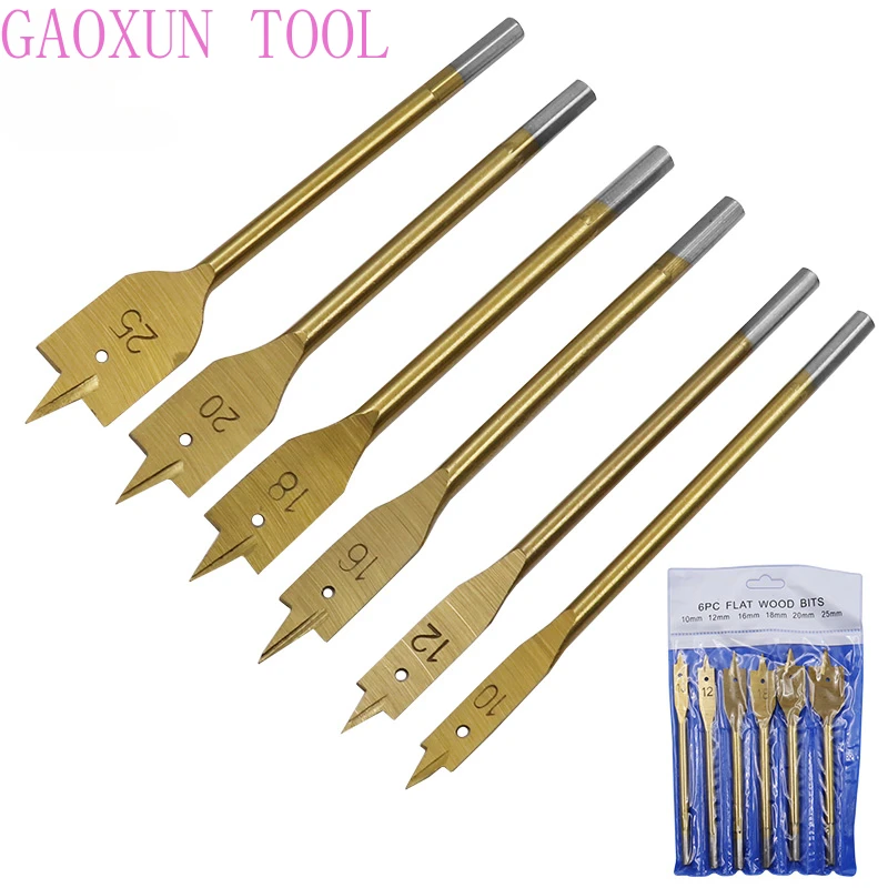 GAOXUN 6pcs/Set Titanium Coating Hex Shank Spade Bits Flat Boring Bit Wood Drill Bit Power Tools Hole Saw 10/12/16/18/20/25mm