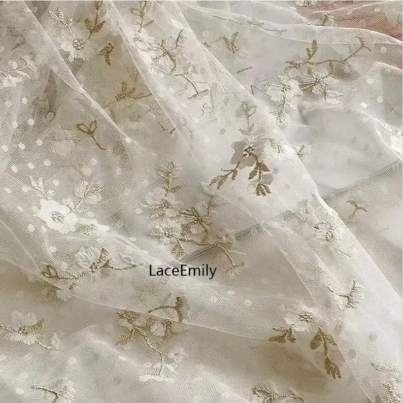 

1 yard Polka Dot Gold Flower Embroidered Lace Fabric Thread Floarl White Tulle fabric For Girl Dress Tutu Dress Wedding Dress
