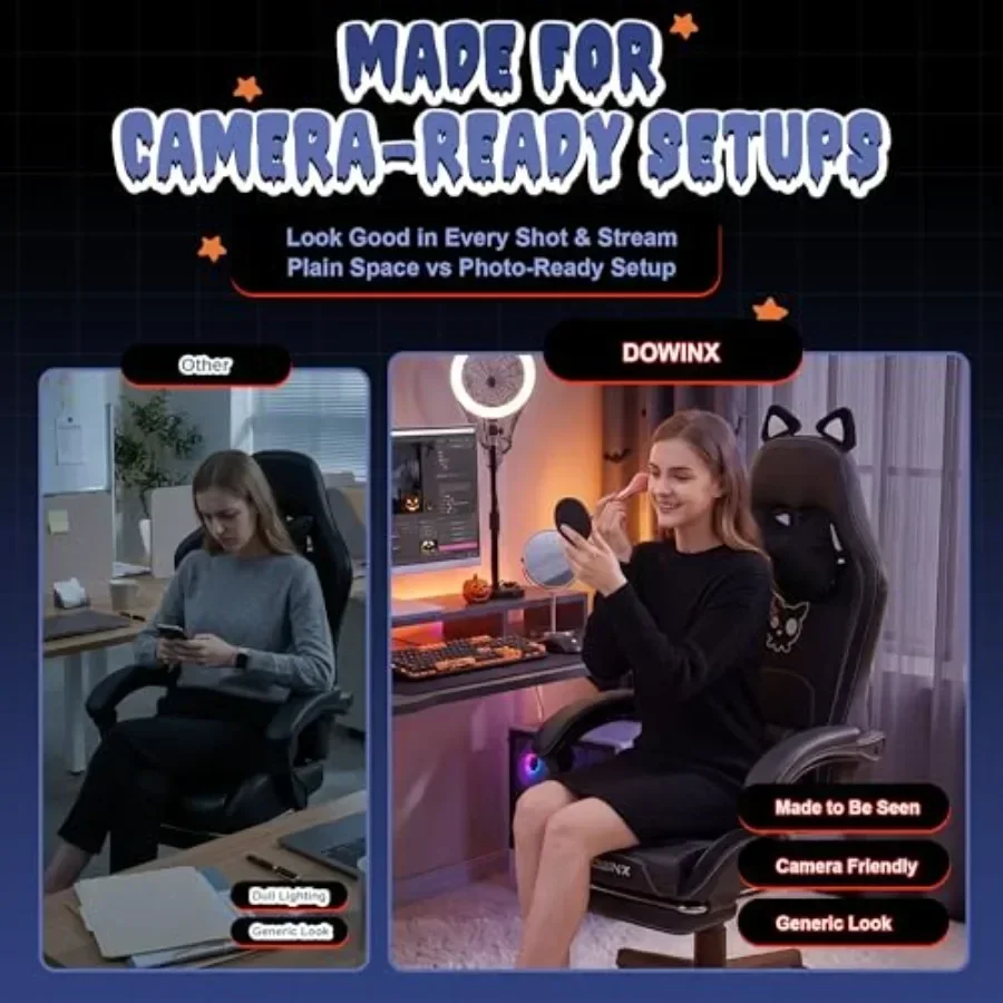 Gaming Chair for Adults with Cat Ears, PU Leather, Black, Massage Lumbar Support Reclining Function up to 290lbs - view 6