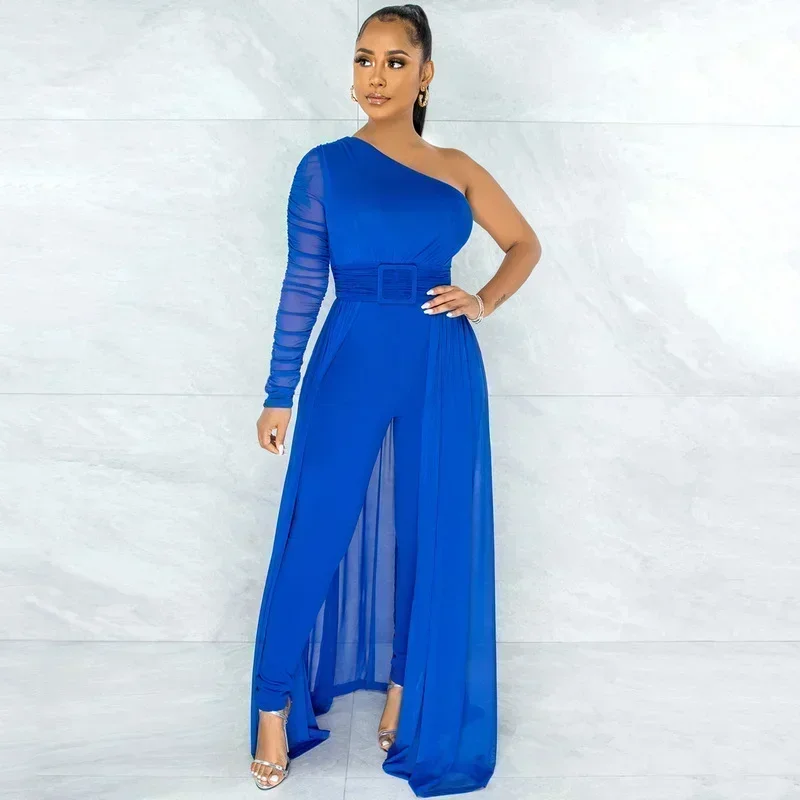 GUWU فستان نسائي بكتف واحد شبكي مرقع بنمط عالي الخصر بذلة بأكمام واحدة للحفلات والنوادي مثير #5