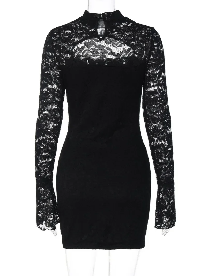 Ropa de mujer ahuecada ceñido al cuerpo vestido corto de encaje señora Sexy manga acampanada transparente sólido negro vestidos de fiesta para discoteca ropa de calle