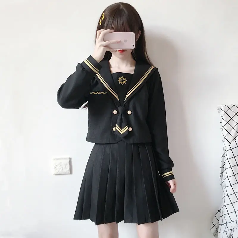 Terno japonês de marinheiro para meninas, uniforme JK, uniformes escolares pretos, bonito Lolita Anime Cosplay, estilo coreano