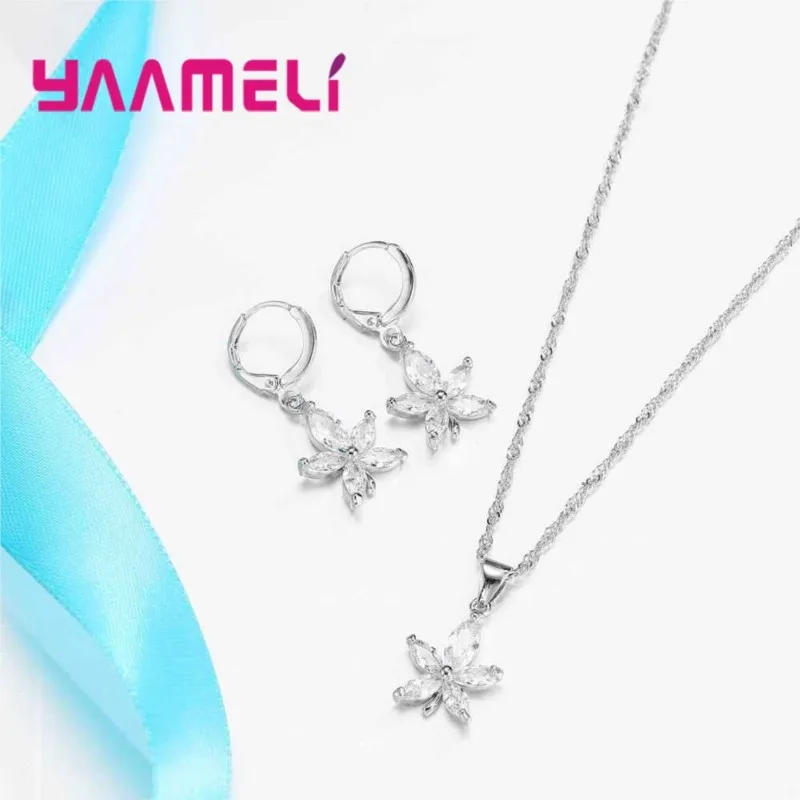 

Shiny Flower Shape Luxurious 925 Sterling Silver Jewelry Set for Ladies Cubic Zirconia Necklace Earrings for Women Wedding Party