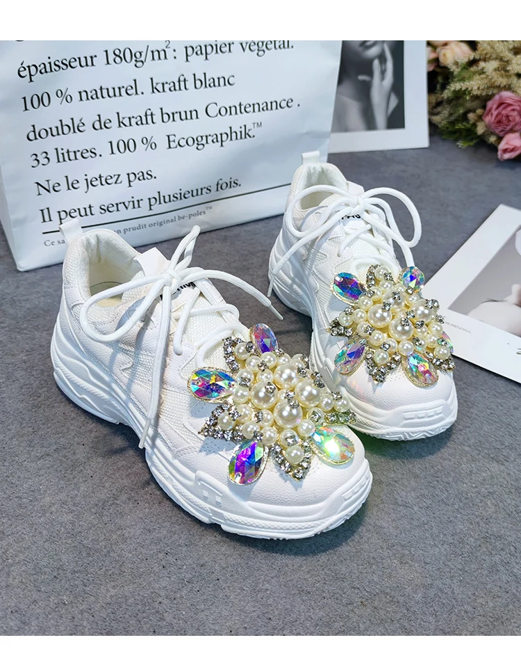 Scarpe sportive da donna in rete perline strass Sneakers scarpe con plateau stringate bianche Lady DIY White Lolita Sweet