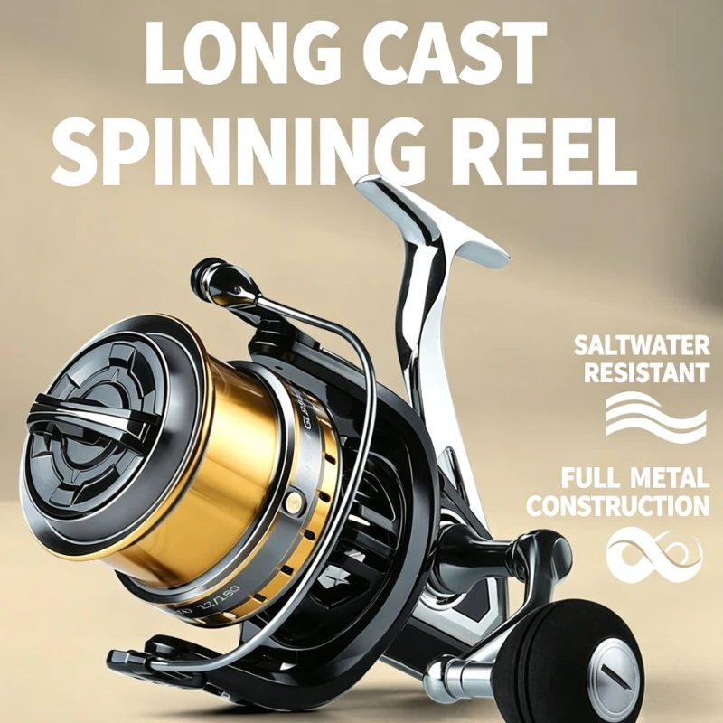 Spinning Reel - Vollmetall-Salzwasserbeständige Spinnrolle, Weitwurf-Angelrolle für Meeresangeln mit