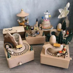 Handmade Wooden Rotating Music Box Log Making Desktop Ornament Handicraft Creative Christmas Birthday Gift Home Decoration