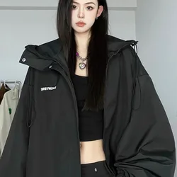 QWEEK Black Women's Windbreaker Jacket Korean Streetwear Y2k Oversize Female Jackets Vintage Harajuku Hooded Zip-up Goth Fashion