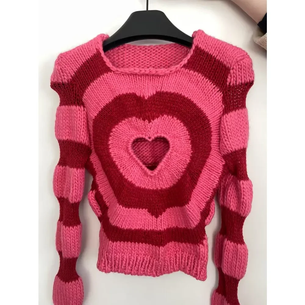 Heart Hollow Out Pullovers Women Striped Y2k Clothes Cropped Sweaters Harajuku Panelled Long Sleeve Spring Sexy Kawaii Mujer Fit