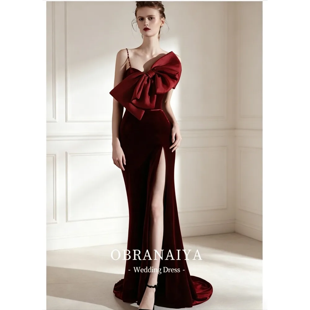 Lady Burgundy Velvet Mermaid Evening Dress Spaghetti Strap Big Bow High Slit Formal Prom Gown Wedding Guest Long Party Dress