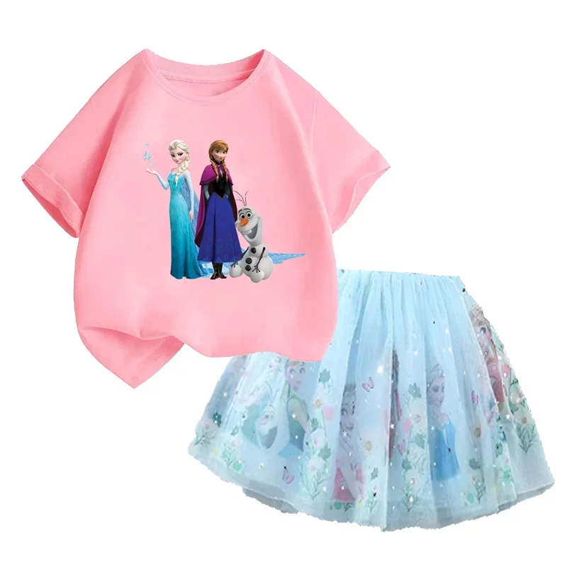 Disney Frozen Elsa Pretty T Shirt and Mesh Skirt Two Piece Tutu Skirt 2024 Summer Fashion Girl 3-14 Year Children Party Clothing