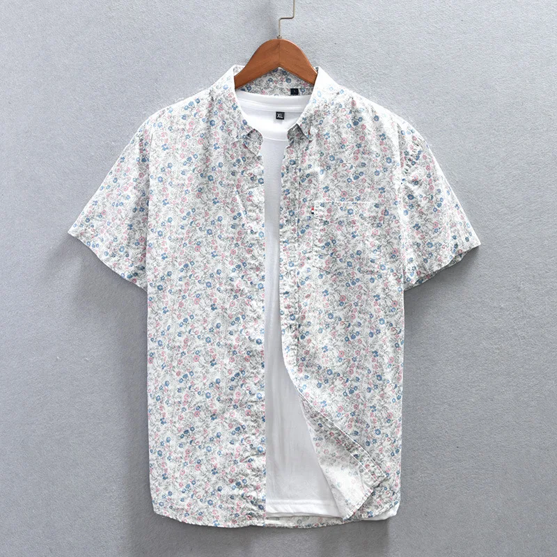 2022 Summer New Short Sleeve Floral Hawaiian Shirt Men Half Placket Collar Beach Shirt Men Casual Holiday Vacation Clothing 3XL