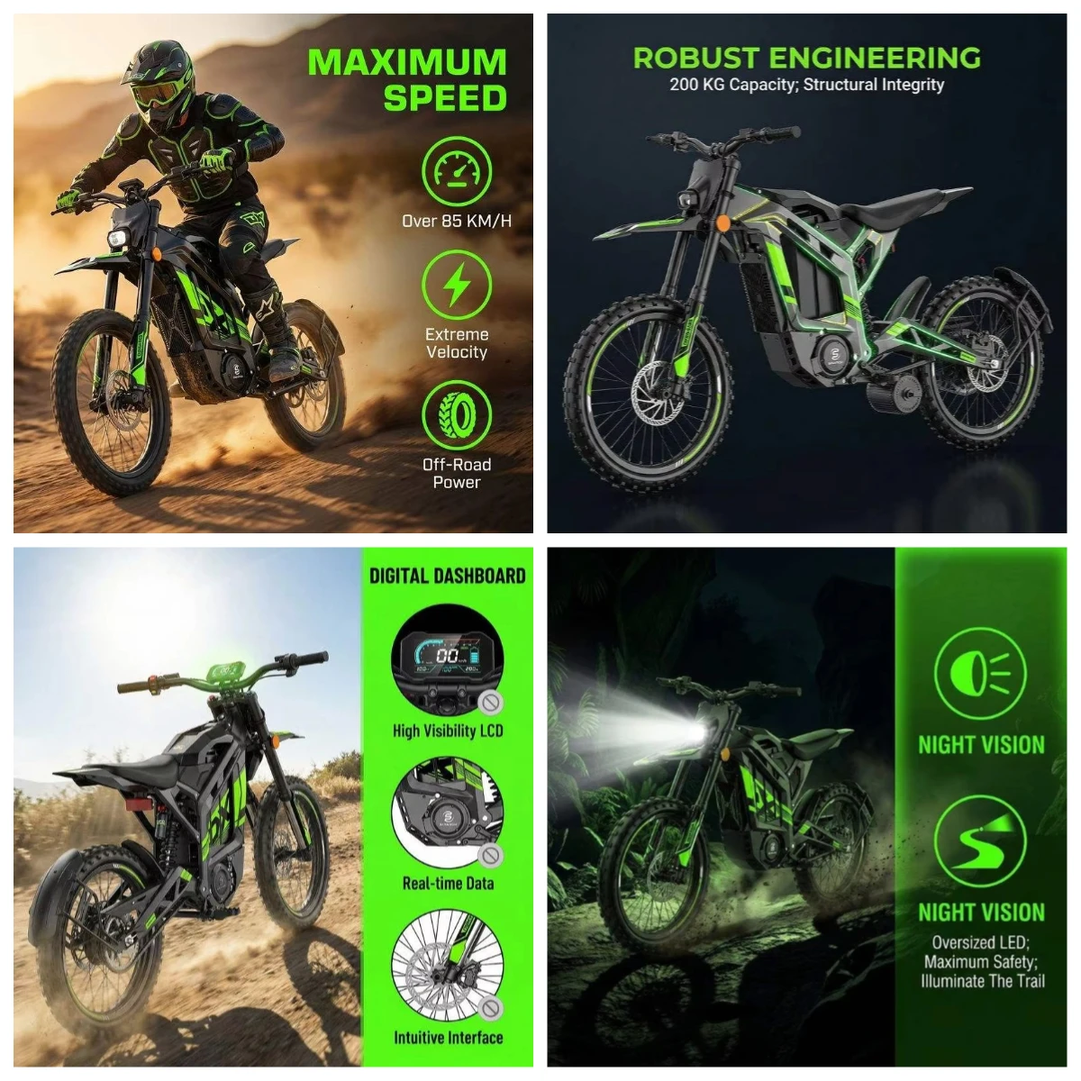 

72V 3000W Electric Dirt Bike 85km Range 65° Climbing 3-Speed Brushless Off-Road