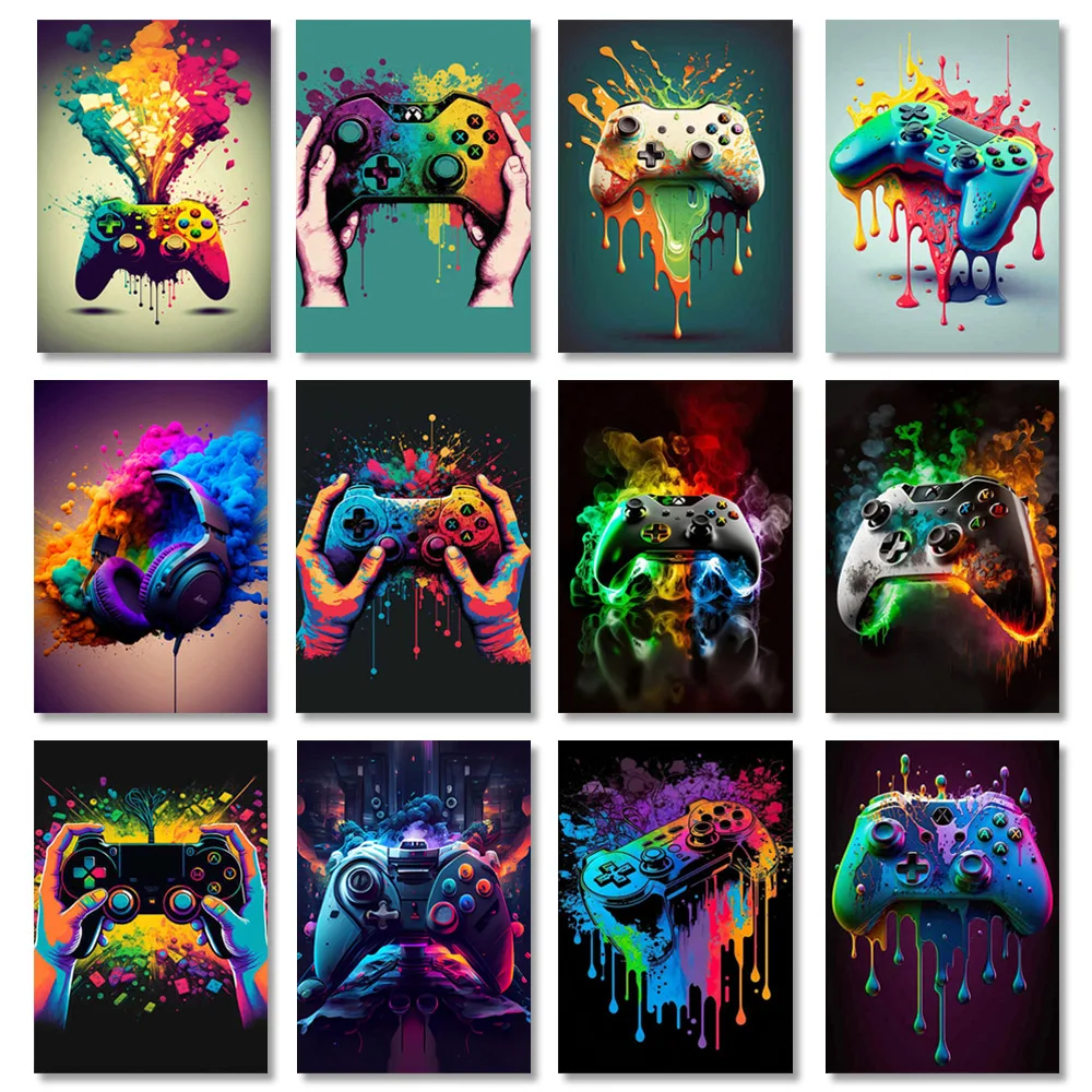 

Colorful Gamepad Wall Art Poster Graffiti Watercolor Pop Mural Home Decor Canvas Painting Gaming Room Decorations Picture Prints