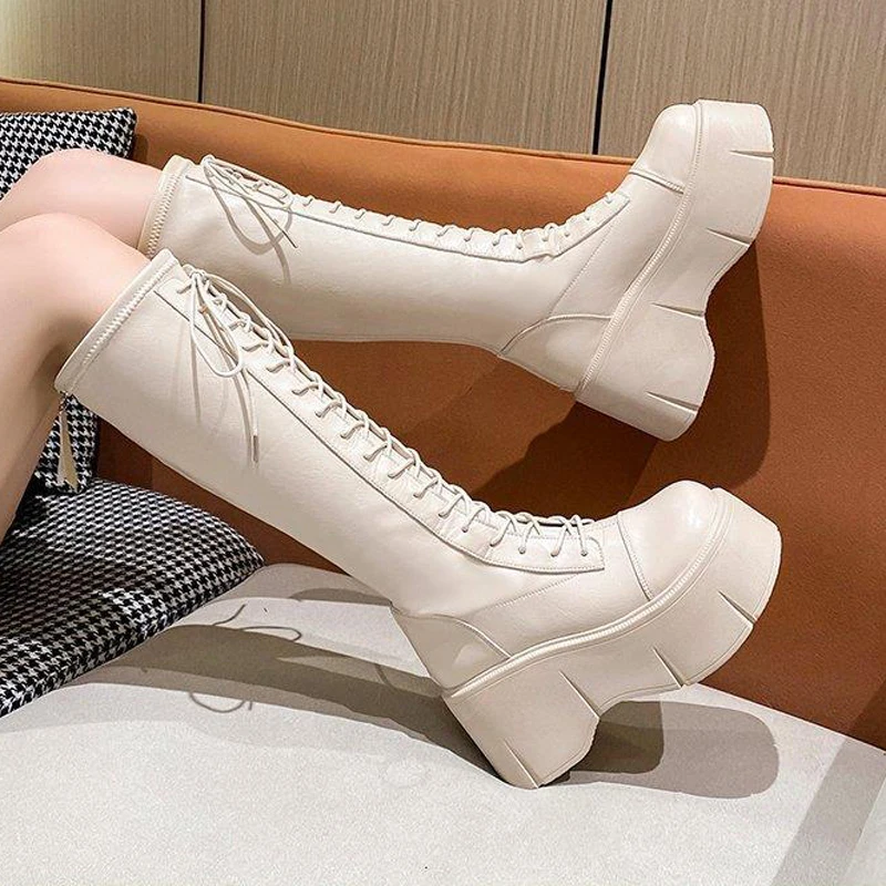 39 Mid Calf Boots Women Winter Boots Woman Ankle Boots Soft Lace-up Ladies Chelsea Zipper Botas Mujer Platform Heel Ladies Shoes