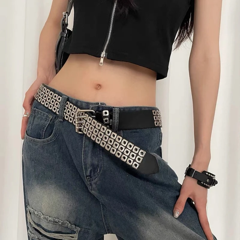 Women Belt Fashion Square Beads Willow Nails Three Exhaust Eyes Punk Street Cool Personalized Unisex Belts
