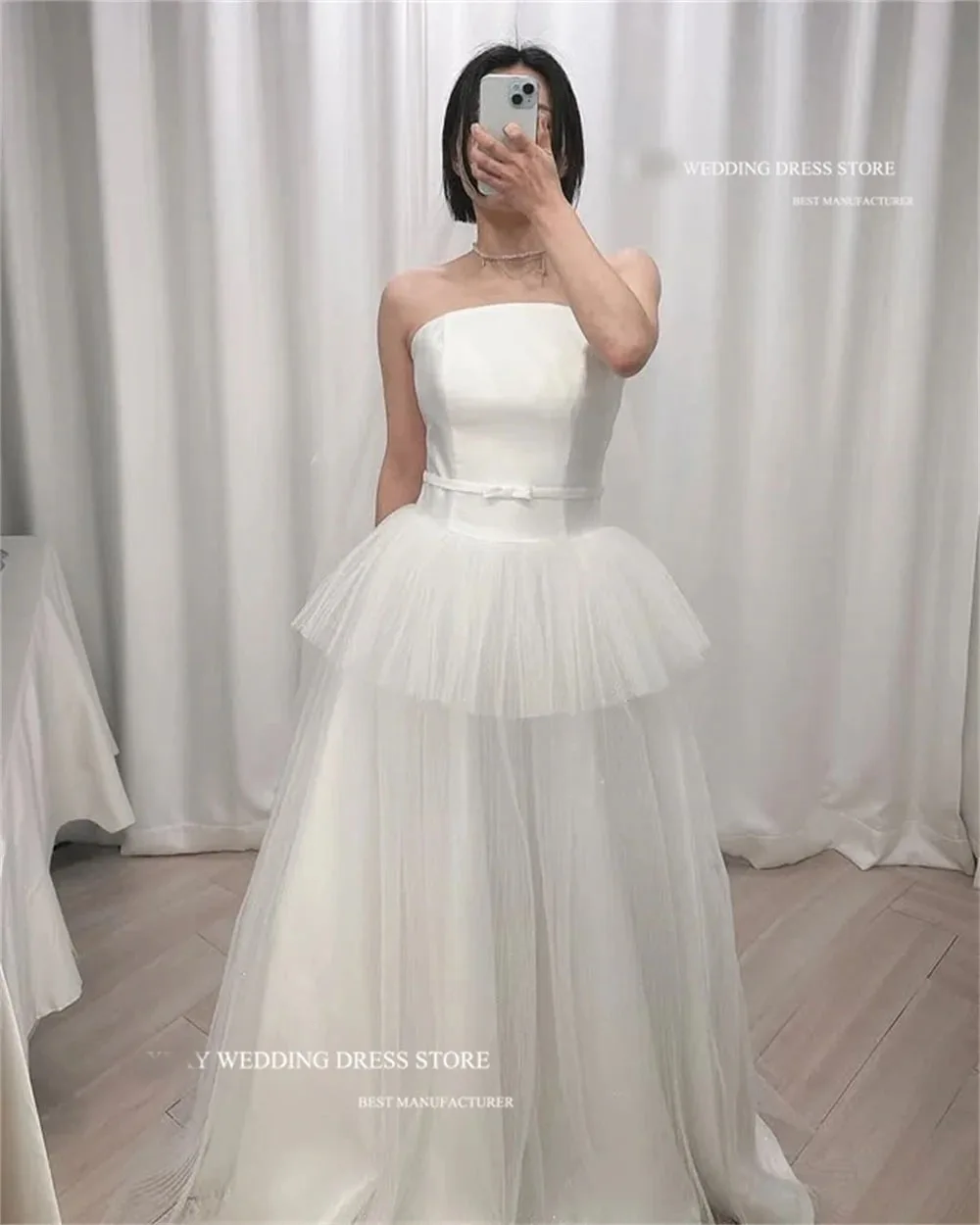 

ZHIO Shiny Waist Bow Strapless Wedding Dresses Korea Photo shoot Ball Gown Tiered Princess Floor-Length Bridal Gown Customize