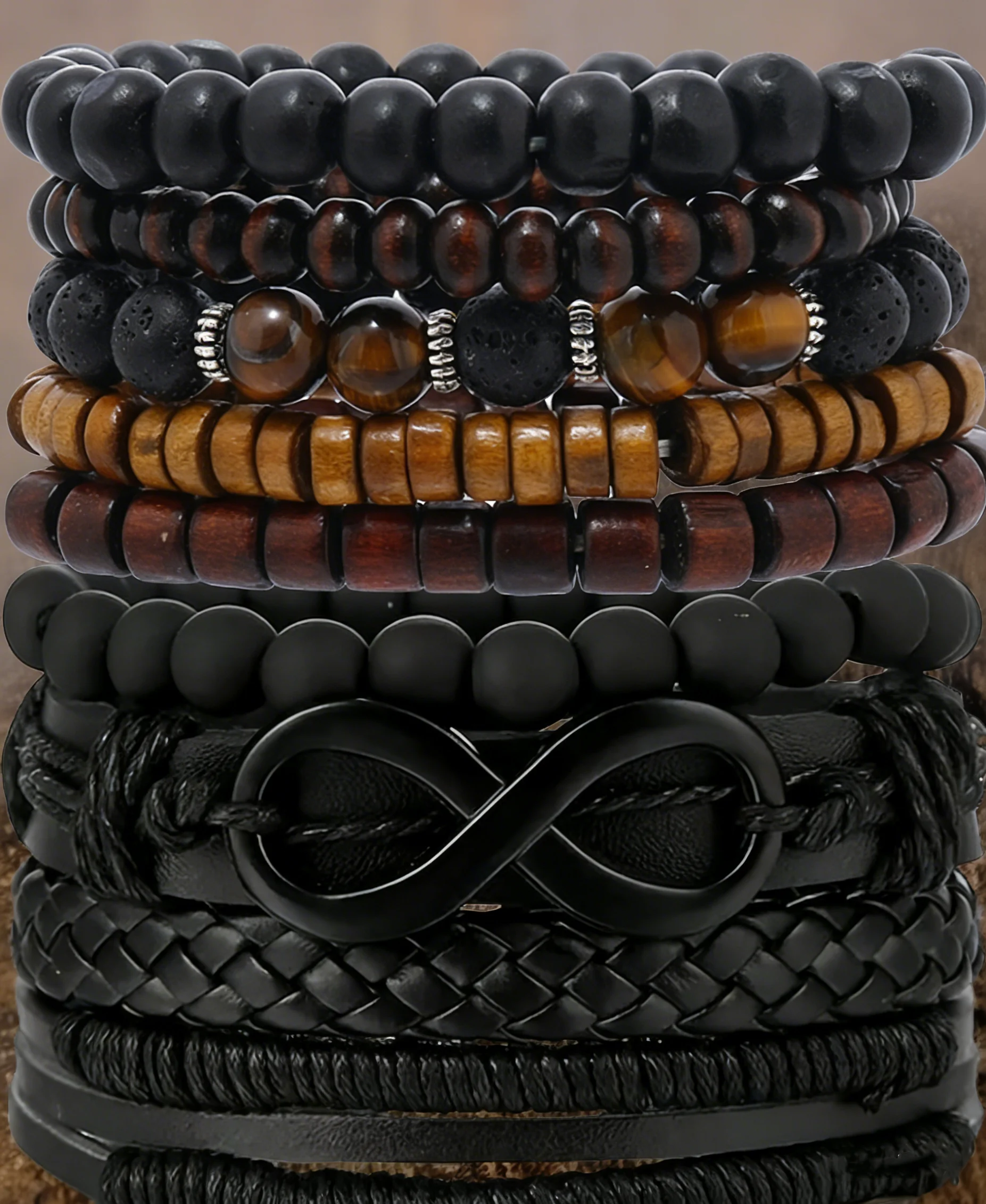 9Pcs Men's Infinity Leather Bracelet Set For Women Tiger Eye Volcanic Stone Beaded Bracelets Braided Wrap Wristband Boho Jewelry