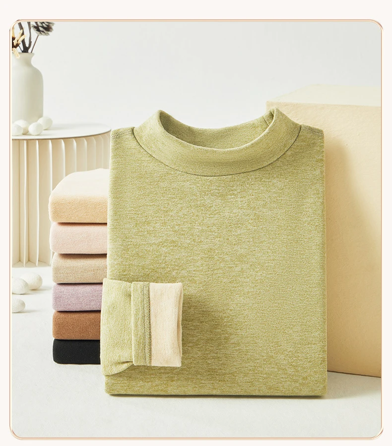 Damen-Thermo-Unterwäsche aus Kaschmirseide, Thermoshirts, warme Hosen, verdickte, einfarbige, halbrollkragenartige Oberteile, langärmlige Winterkleidung. – Detail 5