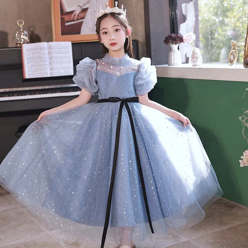 

Blue Lace Princess Girls Dress Sequin Lace Bridesmaid Party Dress Flower Costume Kids Dresses For Girls Wedding Pageant Vestido