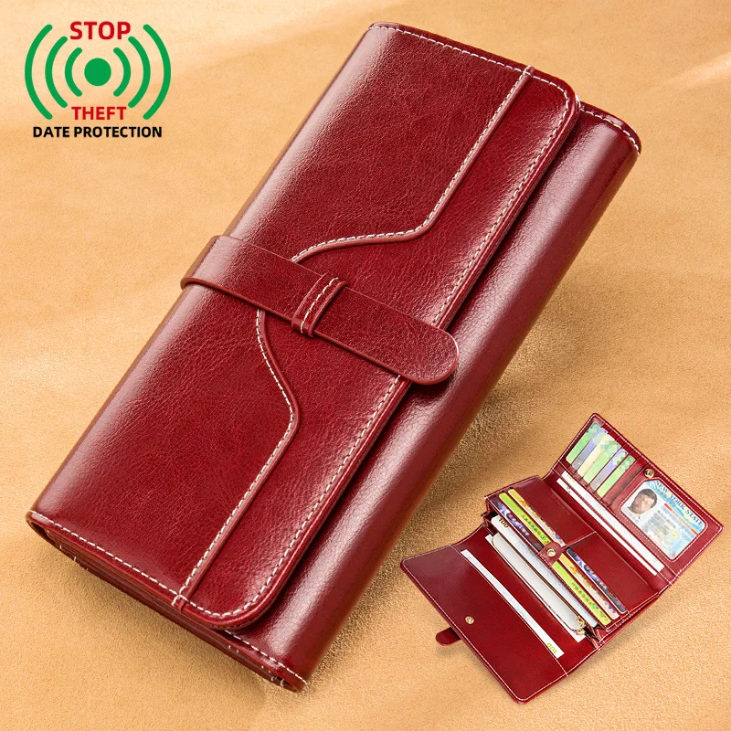 Women's Long Wallet New Fashion Retro Genuine Leather Clutch Bag Large Capacity Ins Trendy Ladies Purse Can Hold Mobile Phone