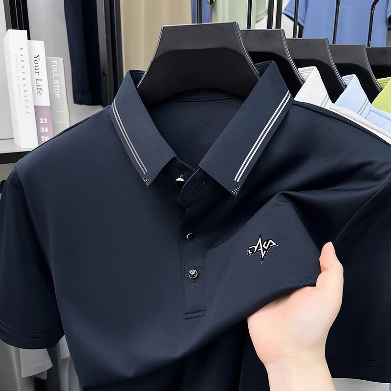 TFETTERS 2026 Men's Collared Polo Shirt Summer Double‑Line Trim Collar Crease‑Proof Senior Father Workplace Business Polo Tops