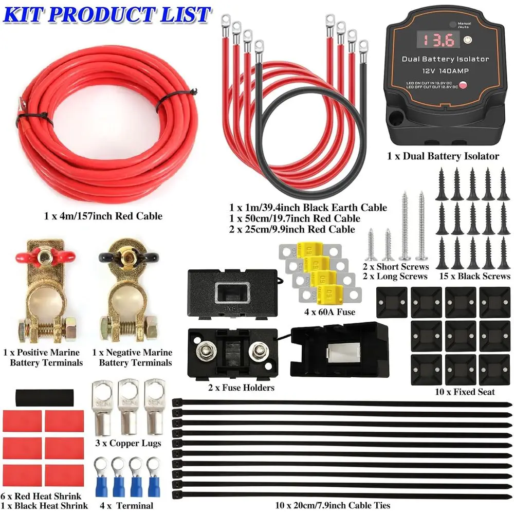 عازل بطارية 12 فولت مع طقم كابل 16.4 قدم 7AWG، طقم مرحل شحن سبليت 140 أمبير، مرحل تحسس الجهد، عازل ذكي تلقائي وات #3
