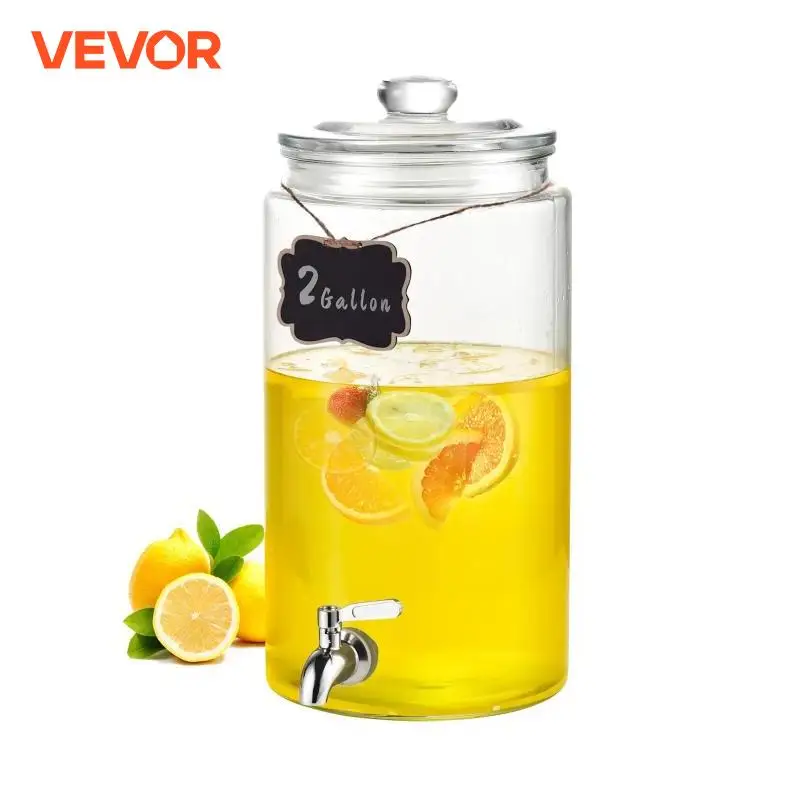 VEVOR Dispensador de Bebidas de 7,5 Litros para Fiestas, Dispensador de Jugo de Vidrio con Espiga de Acero Inoxidable, Dispensador de Agua de Jugo de Limonada de Té Helado, 375 x 183 x 183 mm