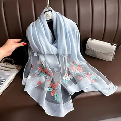 Women Silk Wool Scarf Floral Embroidery Hijab Female Foulard Spring Summer Thin Pashmina Shawls Wraps Bufanda Headscarf Stoles