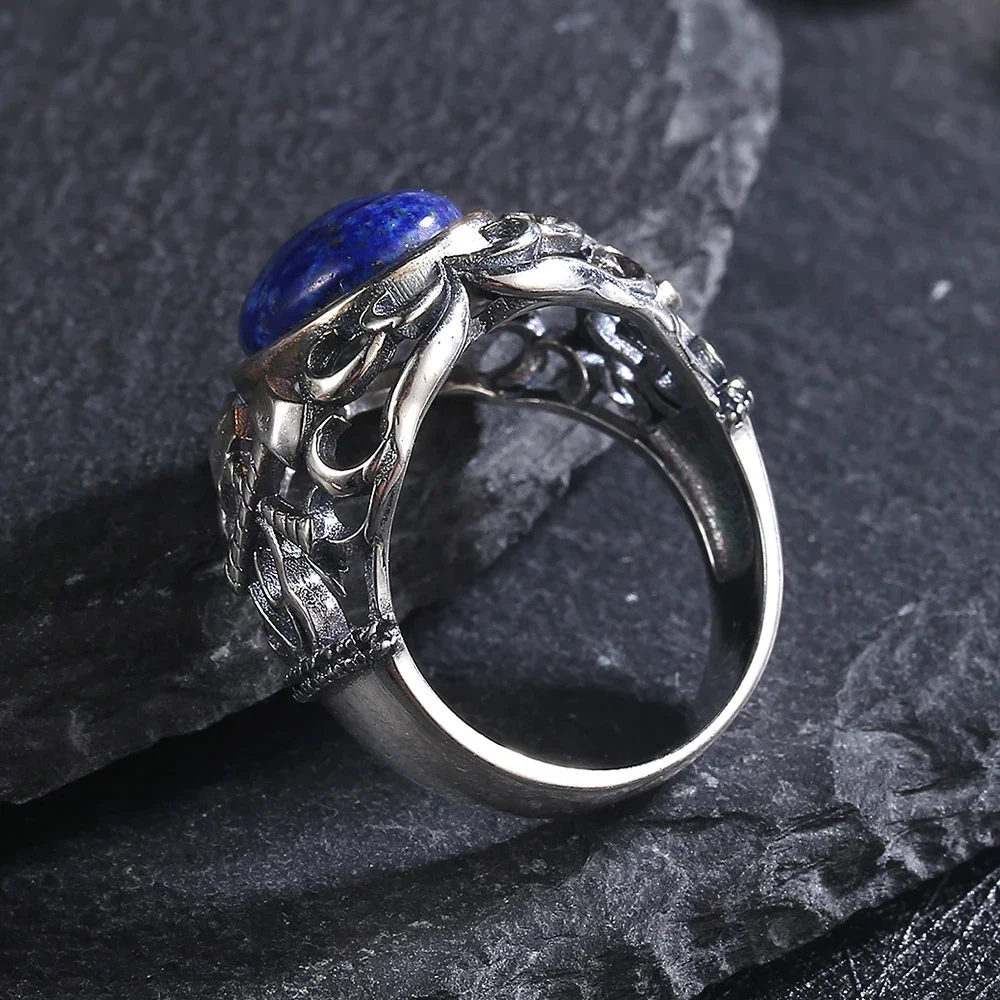 925 Sterling Silver Rings 10*12mm Natural Lapis Lazuli Labradorite Axe Hollow Design Jewelry for Women Turquoise Ring Gift