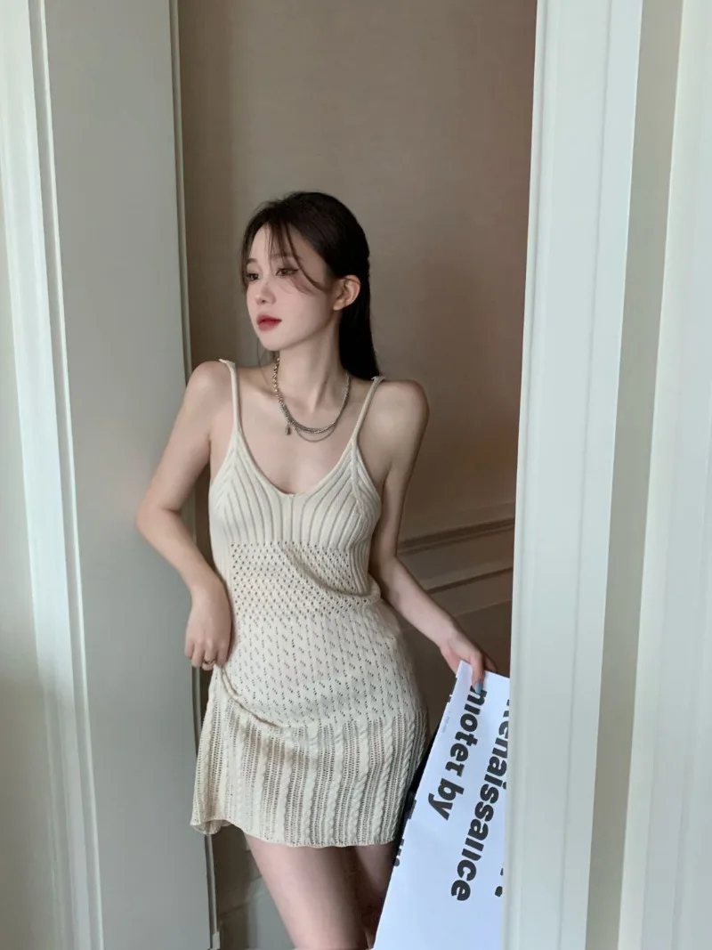 Women's Knitted Slip Dress New Fashion Korean Style Short Dress Hollow out Design Sense Niche Slim Fit Dress