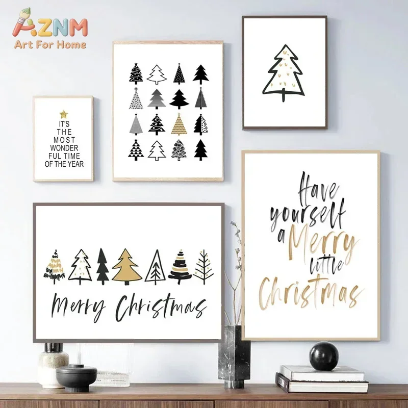AZNM Minimalist Black Gold Christmas Tree Canvas Print Merry Christmas Quote Simple Line Winter Holiday Home Wall Poster Unframe